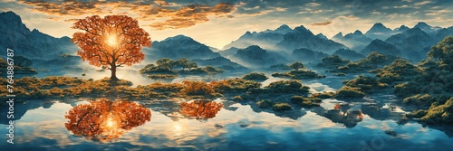 Mystical landscape of lake and mountains. Orange tree with lake reflection. Blue mountains in the background. Fabulously beautiful panorama of the mountain lake.