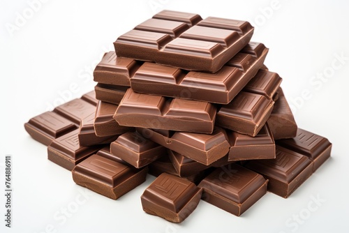 Dark chocolate bar pieces isolated over the white background, generative IA