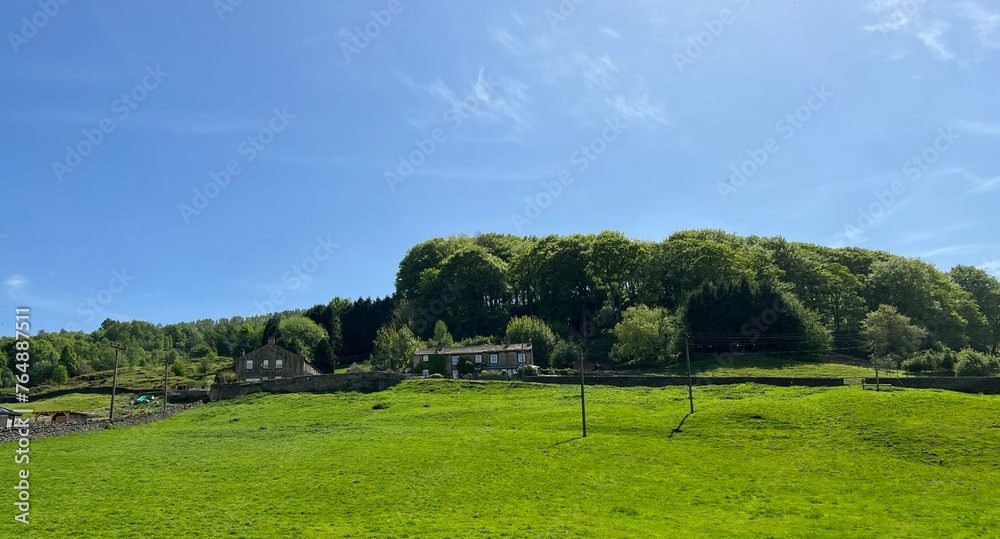 Lush green fields, stretch out towards a cluster of houses, nestled at the foot of a tree-covered hill, under a clear blue sky next to, Sutton Lane, Eastburn, Yorkshire, UK
