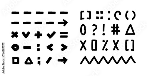 Hand-drawn set black highlight marker lines, underlines, arrows, punctuation marks, tick marks, and sketches. The brush lines are isolated on a transparent background. Doodle notes vector elements.
