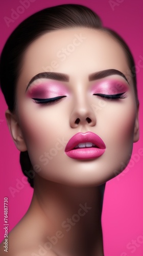 A woman with pink lipstick and eye makeup
