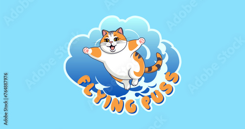 Vector cartoon funny cheerful smiling cute plump cat flying in the clouds. A wonderful pet. Sweet kind puss. Kitten in sky. photo