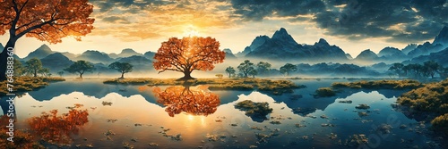 Mystical landscape of lake and mountains. Orange tree with lake reflection. Blue mountains in the background. Fabulously beautiful panorama of the mountain lake.