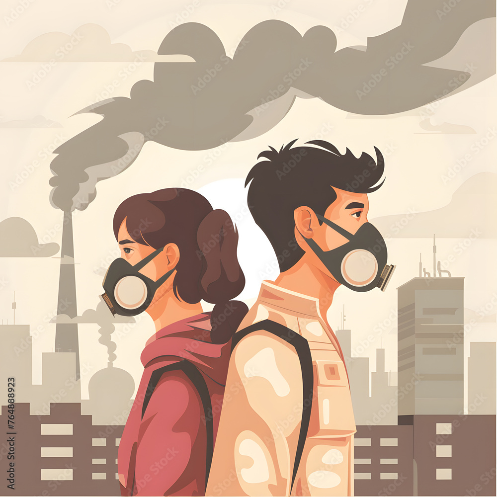 Young people wearing masks to protect against dust and air pollution in urban residential areas where PM 2.5 air pollution levels are unsafe illustrates activities amidst bad air quality in urban area Young people wearing masks to protect against dust and air pollution in urban residential areas where PM 2.5 air pollution levels are unsafe illustrates activities amidst bad air quality in urban area