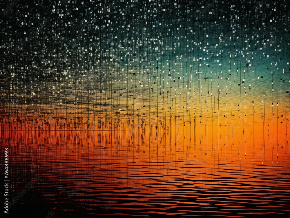 Black and orange abstract reflection dj background, in the style of pointillist seascapes