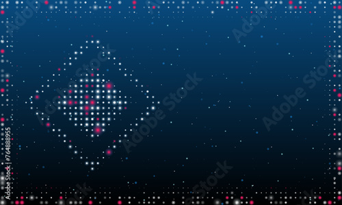 On the left is the main road symbol filled with white dots. Pointillism style. Abstract futuristic frame of dots and circles. Some dots is pink. Vector illustration on blue background with stars