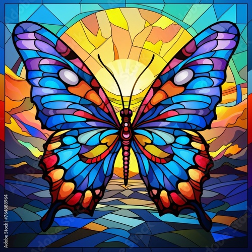 Illustration in stained glass style with abstract butterfly on the sun background  square image