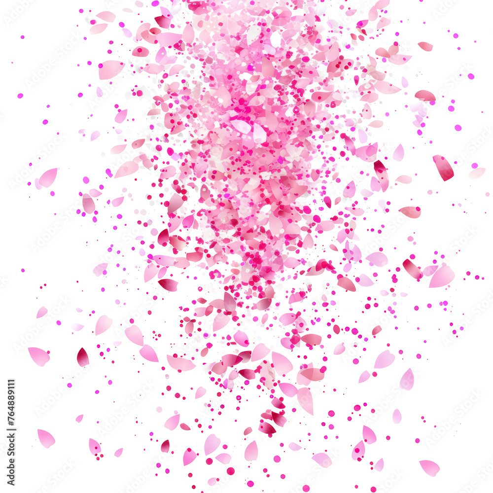 Explosion of pink confetti bursting from the center of image, motion blur, isolated on transparent png.
