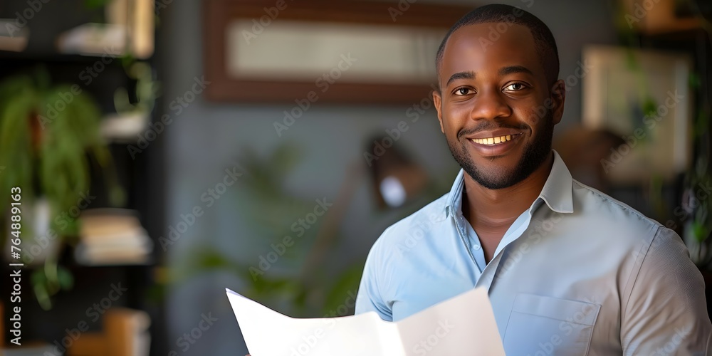 Naklejka premium A happy businessman working from home confidently holding paperwork and facing camera. Concept Business, Work from Home, Confidence, Paperwork, Poses