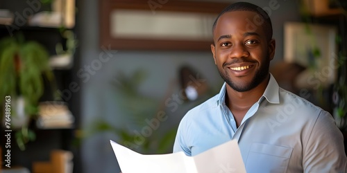 A happy businessman working from home confidently holding paperwork and facing camera. Concept Business, Work from Home, Confidence, Paperwork, Poses