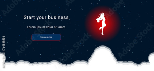 Business startup concept Landing page screen. The enchantress symbol on the right is highlighted in bright red. Vector illustration on dark blue background with stars and curly clouds from below