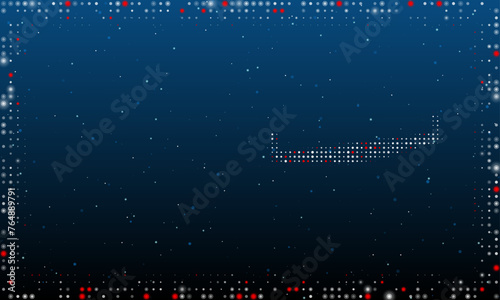 On the right is the two-handed saw symbol filled with white dots. Pointillism style. Abstract futuristic frame of dots and circles. Some dots is red. Vector illustration on blue background with stars