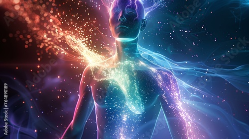 glowing human being hologram in turquoise colors and purple. concept of openness and maturity of chakra through meditation and spiritual communion. generative AI