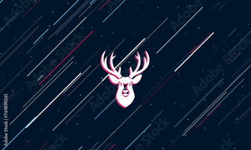 Large white deer head symbol framed in red in the center. The effect of flying through the stars. Vector illustration on a dark blue background with stars and slanted lines photo