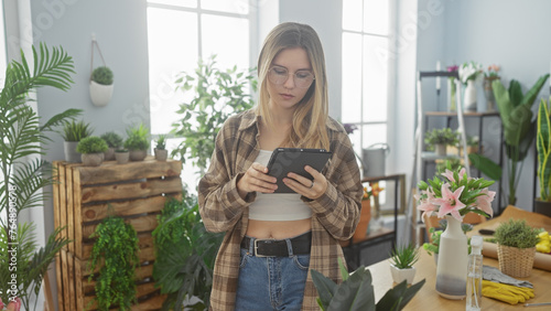 A young woman browses on a tablet amidst the lush greenery of an indoor plant shop. photo