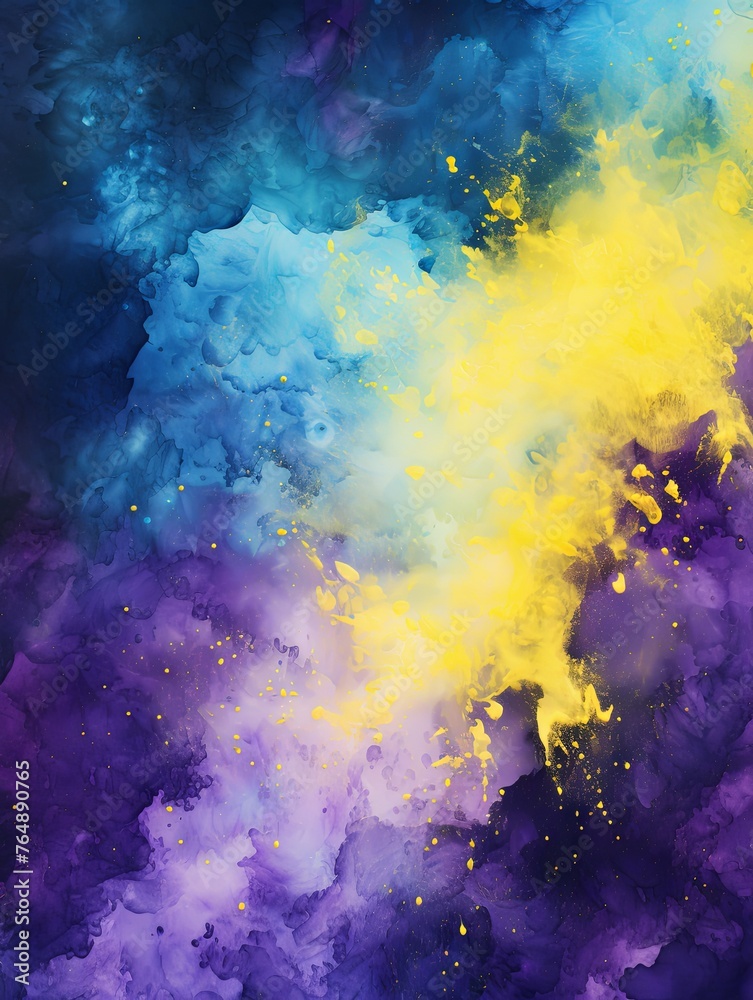 Black and yellow watercolour splatter background, purple yellow