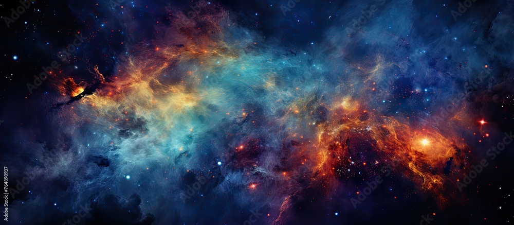 Fototapeta premium An artistic depiction of a vivid nebula filled with colors, surrounded by twinkling stars, while a solitary bird gracefully soars through the cosmic landscape