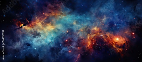 An artistic depiction of a vivid nebula filled with colors, surrounded by twinkling stars, while a solitary bird gracefully soars through the cosmic landscape