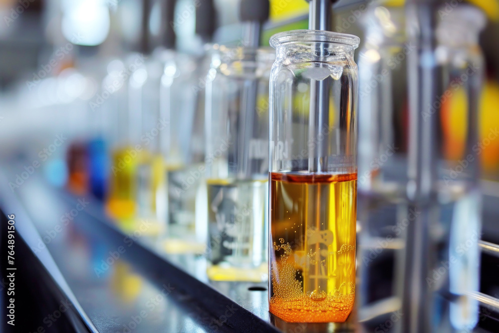 A close-up view of a test tube with a bubbling chemical yellow liquid, set against a background in a laboratory setting. Concept innovation and technology, scientific research A close-up view of a test tube with a bubbling chemical yellow liquid, set against a background in a laboratory setting. Concept innovation and technology, scientific research