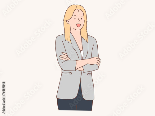 Portrait of a successful girl with crossed arms. Business woman smiling. Hand drawn style vector design illustration.