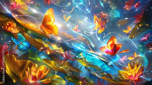 Floral background with butterflies and flowers. Colorful butterflies on a blue background.