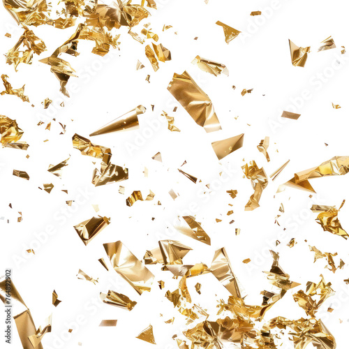 Pieces of gold foil flying isolated on transparent png.
 photo