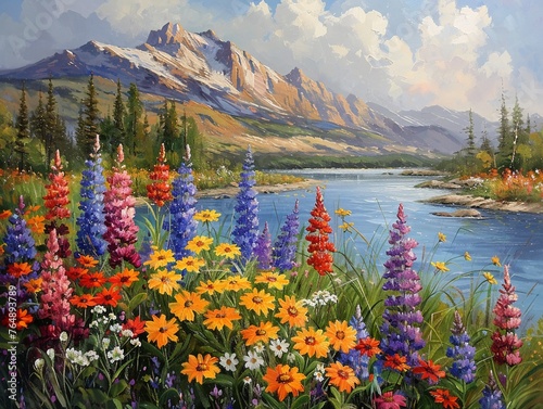 Wildflowers framing a colorful river, mountain backdrop, vibrant scene high resulution
