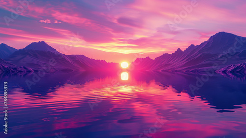 Purple sunset over mountainous lake landscape