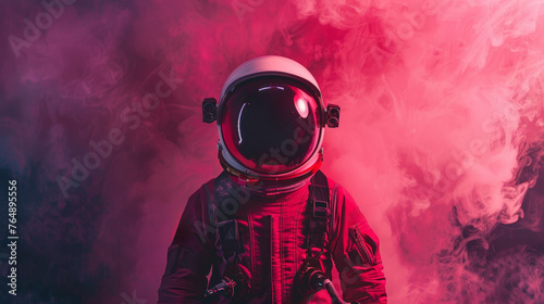 Astronaut in red space suit surrounded by smoke