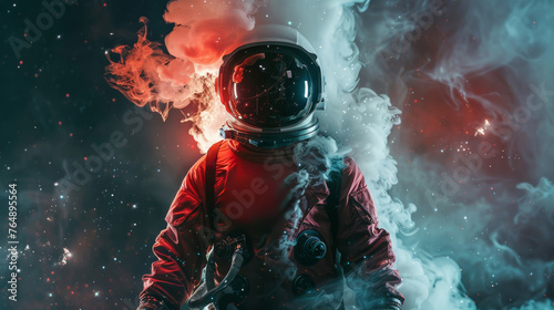 Astronaut enveloped in smoke and galactic backdrop