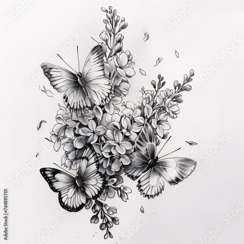butterflies and flowers on a white background, black and white photo