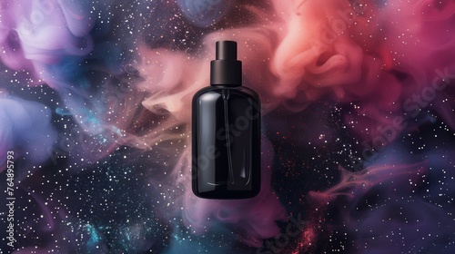 Perfume bottle with colorful nebula cloud background