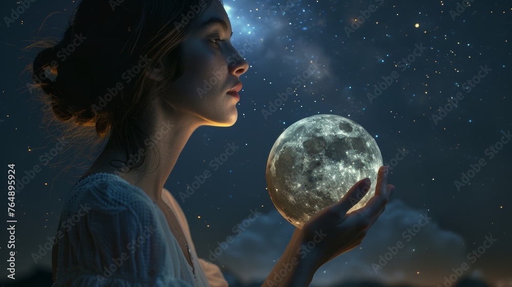 Naklejka premium Woman holding the moon at night