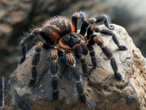 A Black and orange tarantula sits on a large rock. 