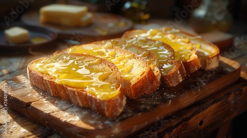 Slices of bread with honey on wooden board