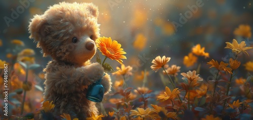 teddy bear background, stuffed toy bear in flower blossom garden cute and cheerful atmosphere, Generative Ai   © QuietWord