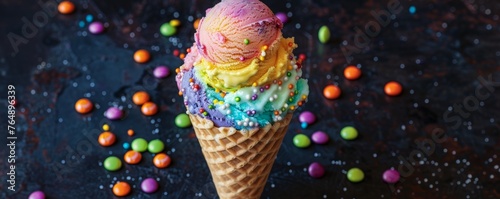 Colorful ice cream cone with sprinkles and candy