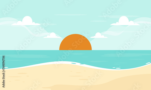 Summer Beach with Palm Tree and the Sun in the Background Vector Illustration