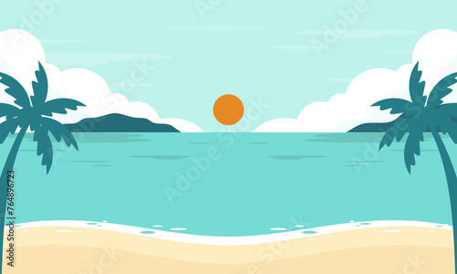 Summer Beach with Palm Tree and the Sun in the Background Vector Illustration © Tweenytree23