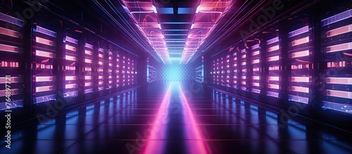An eerie dark corridor is illuminated by neon lights leading to a bright neon light at the end