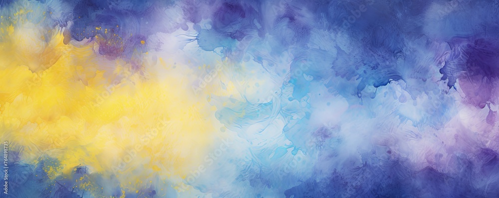 Blue and yellow watercolour splatter background, purple yellow