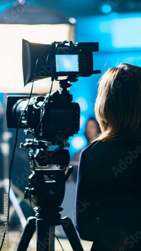 A woman is standing in front of a camera with a black camera
