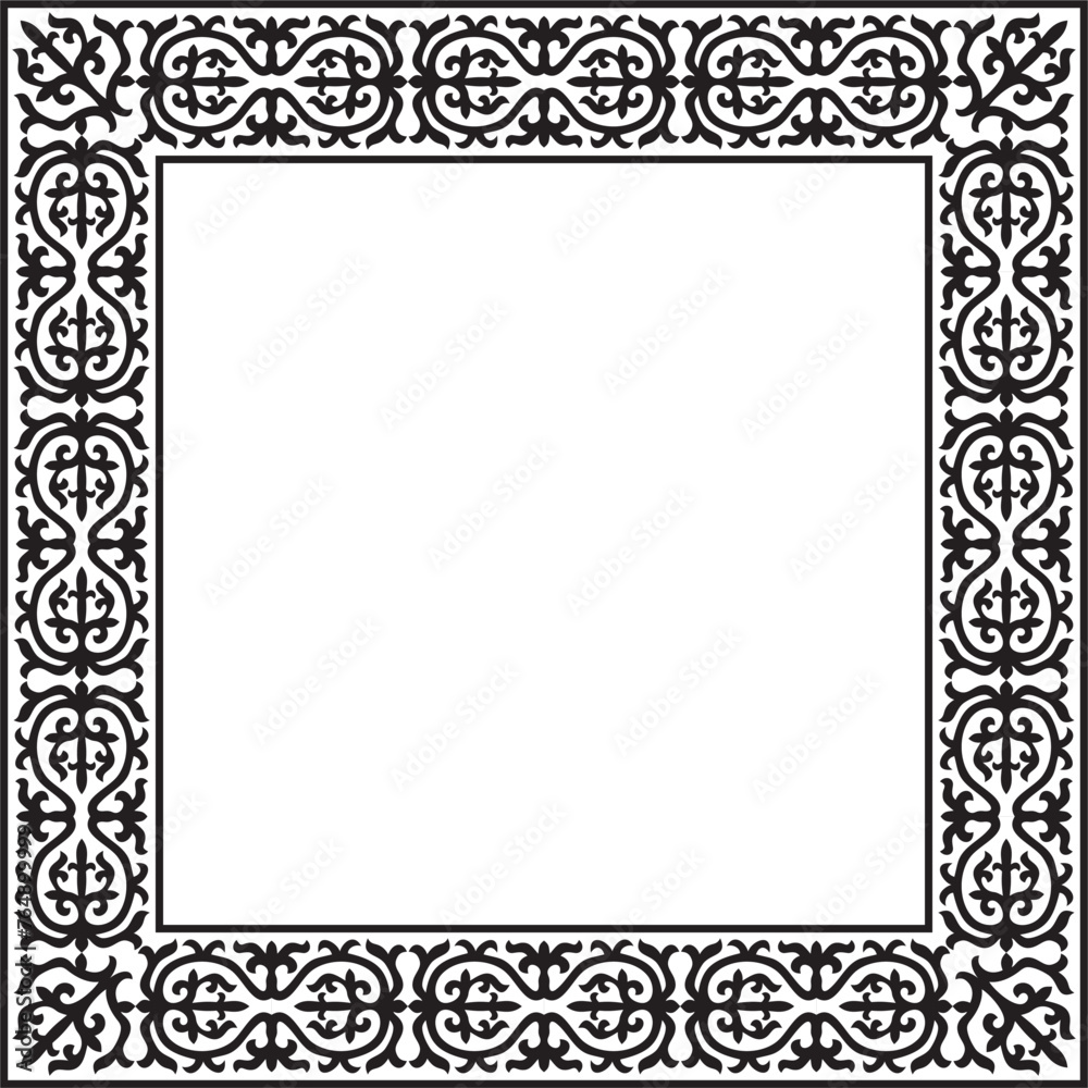 Vector black monochrome square Kazakh national ornament. Ethnic pattern of the peoples of the Great Steppe, .Mongols, Kyrgyz, Kalmyks, Buryats. Square frame border.