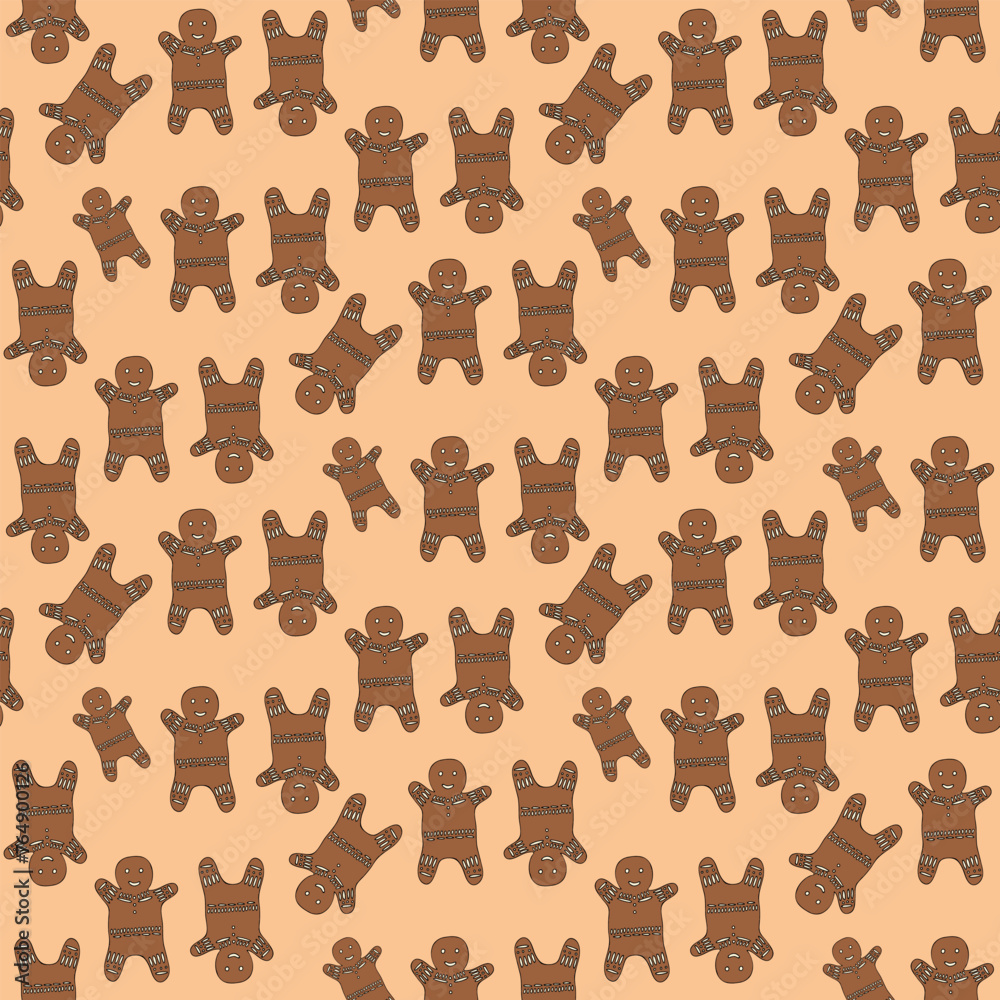 Seamless pattern with Gingerbread man on beige background. Vector image.