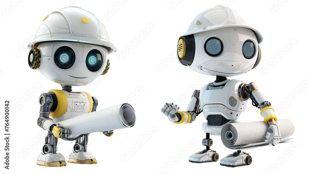 AI robot character, cute robot civil engineer or architect, wearing a white project helmet and carrying a rolled-up blueprint of construction work. isolated on transparent background AI robot character, cute robot civil engineer or architect, wearing a white project helmet and carrying a rolled-up blueprint of construction work. isolated on transparent background