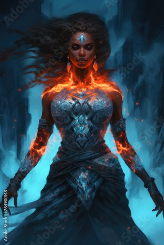 Dark skinned goddess of ice with glowing eyes