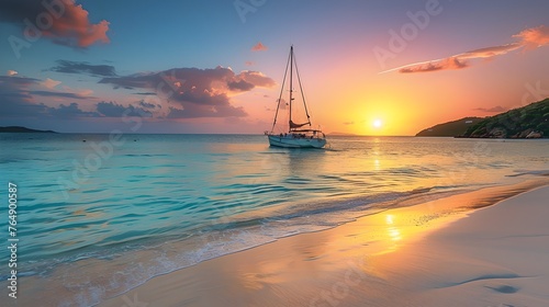 Sailboat at sunset on tranquil sea, serene seascape photography. Beautiful natural light, peaceful ocean scene, travel and leisure concept. AI