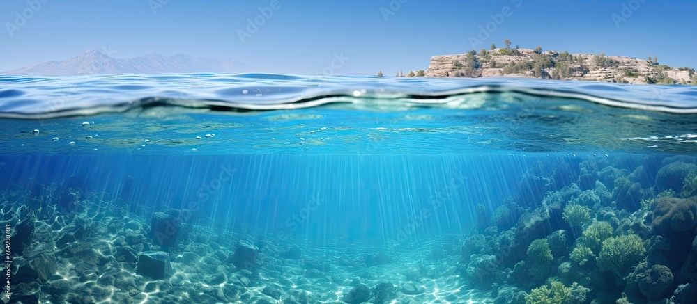 The image showcases a vibrant coral reef underwater with a majestic mountain towering in the background