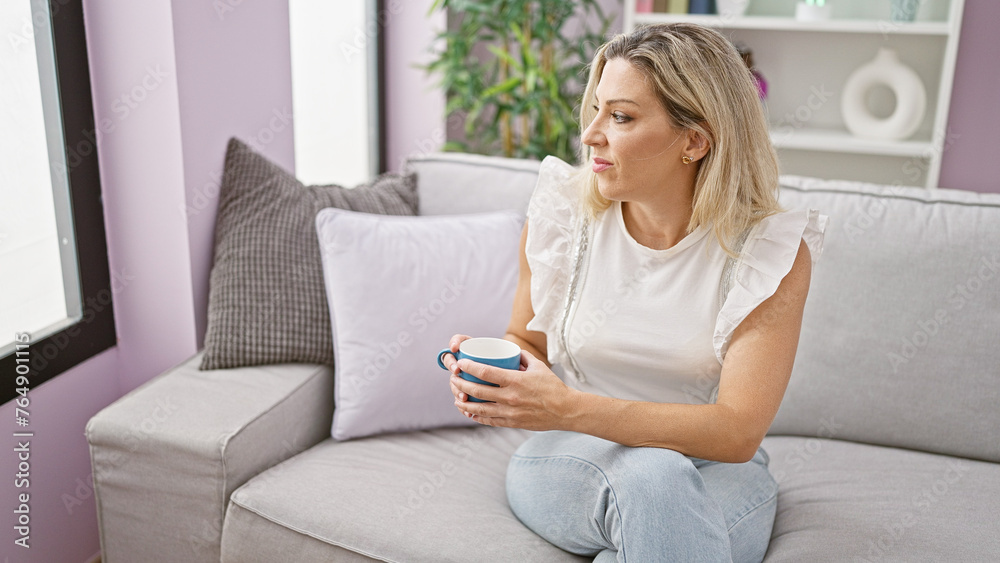 © Krakenimages.com - Young blonde woman holding cup of coffee looking throw the window at home