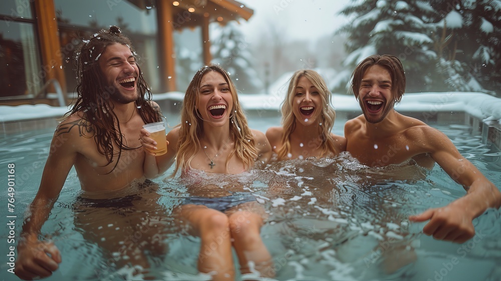 A group of men and women are in a pool, laughing and splashing each other